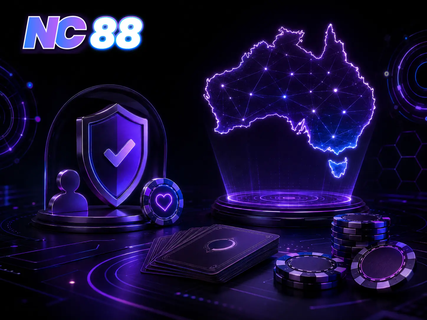 NC88 Australia casino knowledge visual with an Australian map, security shield, playing cards and casino chips